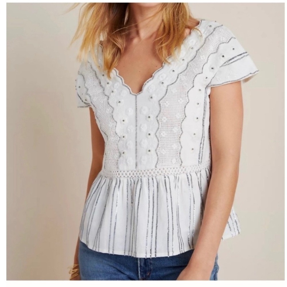 Anthropologie Amalia White‎ Embroidered Sequin Blouse V-Neck Cotton Linen Top L